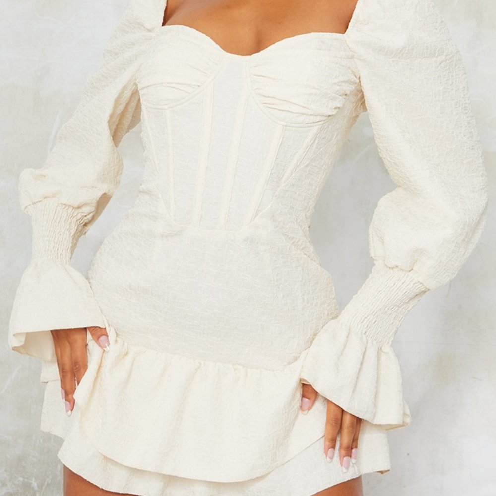 Champagne Crinkle Corset Detail Shirred Cuff Bodycon Dress